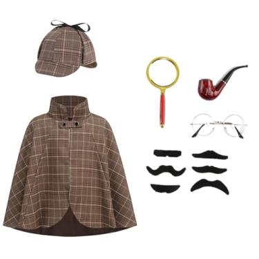 Imagem de HAPNBCELE 6PCS Detective Costume Cape for Kids, Sherlock Holmes Outfit Set with Hat Halloween Christmas 100 Days of School (Brown, 15.74Inch/40cm)