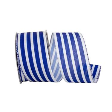 Imagem de Reliant Ribbon Fita listrada de linho com fio, azul-royal/branco