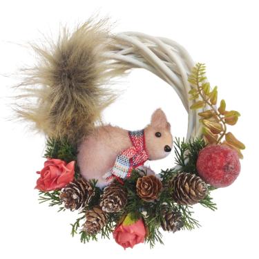 Imagem de Guirlanda Natalina 20cm Rattan Branco Com Esquilo e Pinhas