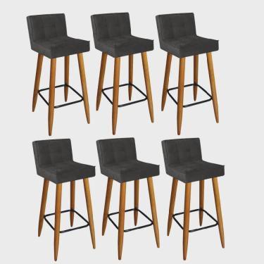 Imagem de Kit 06 Banqueta Alta Lucy Com Encosto Cozinha Bar Balcão Bistrô Pé Palito Castanho Tecido Sintético Cinza - Ahz Móveis
