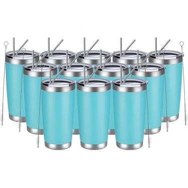 Imagem de MEWAY Copo de 590 ml pacote com 12 canecas de viagem com isolamento a vácuo de parede dupla, copos de aço inoxidável com tampa e canudo, copos de café duráveis revestidos em pó para bebidas frias e