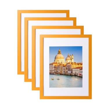 Imagem de wyooxoo Conjunto de 4 porta-retratos de 28 x 35 cm laranja feito de madeira maciça para exibição de imagens 20 x 25 cm com tapete ou 28 x 35 cm sem tapete, moldura colorida para montagem na parede e
