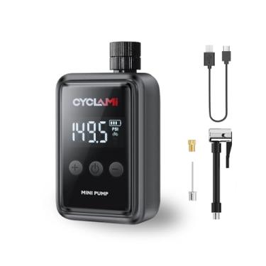 Imagem de CYCLAMI Bomba elétrica de bicicleta de 150 PSI - Mini compressor de ar portátil com medidor de pressão digital, desligamento automático, carregamento USB-C rápido para válvulas Presta/Schrader