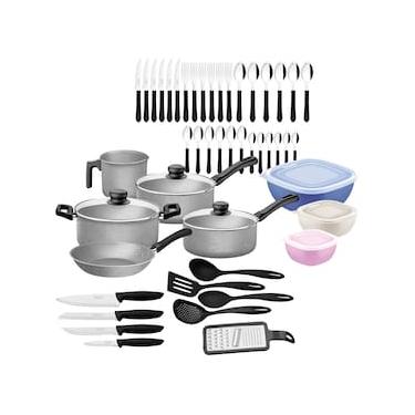 Imagem de Kit de Cozinha 47 Peças Tramontina com Panelas Antiaderentes em Alumínio, Talheres, Facas e Utensílios Domésticos