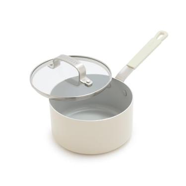 Imagem de GreenPan x Panela Bobby Flay de 1,67 litros com tampa de vidro, antiaderente de cerâmica sem PFAS e PFOA, adequada para indução, alça de silicone para manter a temperatura fria, segura para