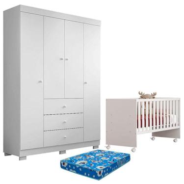 Imagem de Berço Nacional Doce Sonho 3540 e Guarda Roupa Duda 4 Portas Branco Brilho com Colchão Ortobom – Phoenix Baby
