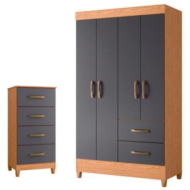 Imagem de Quarto Completo Solteiro Guarda Roupa 4 Portas e Cômoda Mobi - Albatro