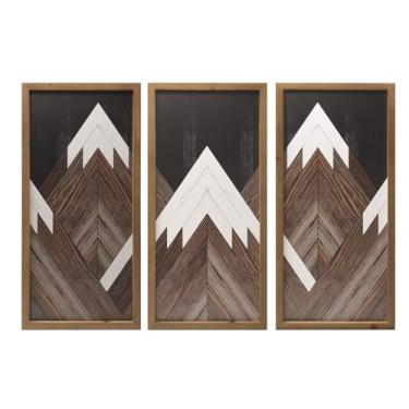 Imagem de flangairy Conjunto de 3 decorações de arte de parede de montanha emolduradas em madeira, 53 × 25 cm, marrom, rústico, abstrato, floresta, natureza, decoração de parede para casa, sala de estar, quarto