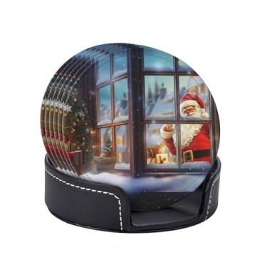 Imagem de Porta-copos para bebidas porta-copos de couro absorvente com suporte conjunto de 6 peitoril de janela de Natal porta-copos engraçados tapete de copo para bebidas para mesa de café, xícara de mesa, bar