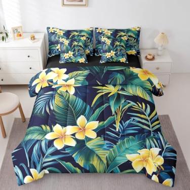Imagem de Erosebridal Jogo de cama king size com flores de hibisco, 7 peças, lençol floral botânico Althea com edredom e folhas de palmeira tropical