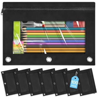 Imagem de SpringFlower Pacote com 100 porta-lápis para fichário de 3 anéis, preto, bolsa de lápis com zíper suave a granel