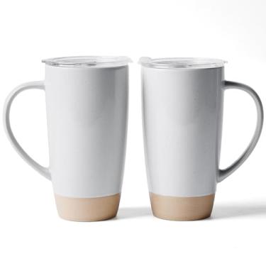 Imagem de famiware Canecas de café Milkyway, caneca de café grande de 590 ml, conjunto de 2 canecas de cerâmica com tampa, conjunto de copos com alça para latte, chá, cacau, leite, casa e escritório, cinza