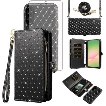Imagem de Capa de celular para Samsung Galaxy A56 5G Carteira com zíper destacável com protetor de tela transversal alça de cordão Bling Glitter Flip porta-cartões A 56 56A LTE mulheres homens meninas preto