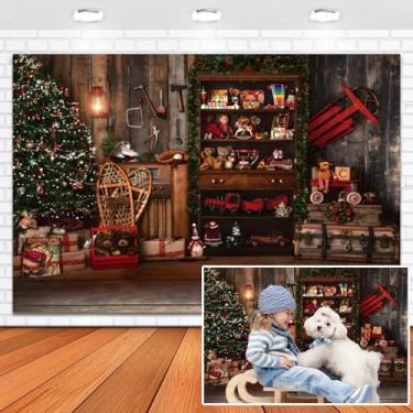 Imagem de XMJJKUF Pano de fundo para fotografia de loja de brinquedos de Natal Papai Noel, 3 x 2,4 m, decorações de festa vintage de madeira para crianças, aniversário, ano novo, adereços para fotos