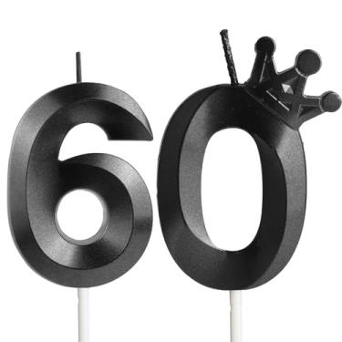 Imagem de Velas de aniversário de 60 anos para bolo, número 60 velas pretas com coroa, design 3D, enfeite de bolo de aniversário para mulheres, homens, festas de aniversário, casamento, celebração, suprimentos