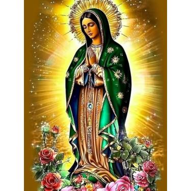 Imagem de pigpigboss Blessed Virgin Mary Diamond Art Kit de pintura para adultos, 5D com pontos redondos completos, tinta religiosa Virgem Maria com contas diagonais para decoração de casa iniciante (30,5 x