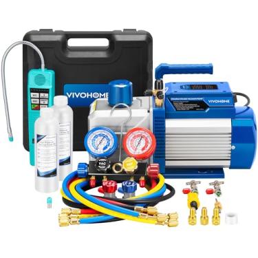Imagem de VIVOHOME Bomba De Vácuo Hvac Dois Estágios 1 Hp E 9,6 Cfm Conjunto Manômetro Coletor Ca 4 Vias Com Detector Vazamento, Mangueiras 5 Pés Acessórios Para Manutenção Ar Condicionado Automotivo R134A R1