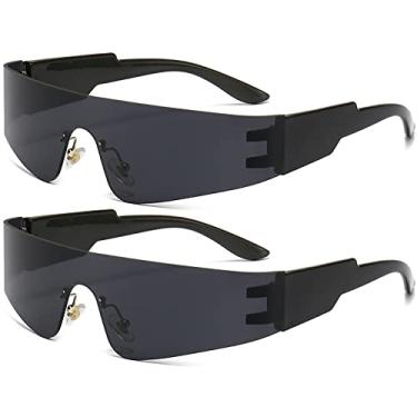 Imagem de AIEYEZO Óculos de sol futurista moderno moderno sem aro feminino masculino Cyberpunk viseira óculos de sol modernos futuros óculos de sol, Pacote com 2 (preto/cinza + preto/cinza), MM