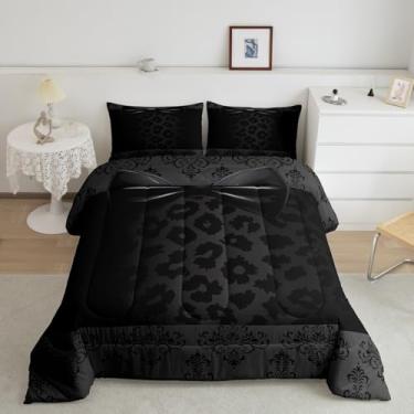 Imagem de Conjunto de edredom Queen com laço preto, 3 peças, cinza escuro, pele de leopardo, mandala, patchwork, moderno, laço, chique, estilo princesa, conjunto de colcha para jovens adultos, 2 fronhas