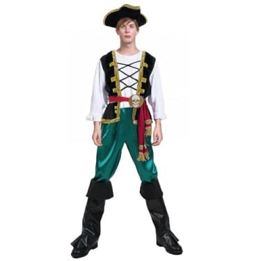 Imagem de PGOND Fantasia de pirata de luxo adulto com chapéu, colete dourado, calças e botas verdes, fantasia de Halloween tamanho adulto, Laranja e preto, Tamanho Único