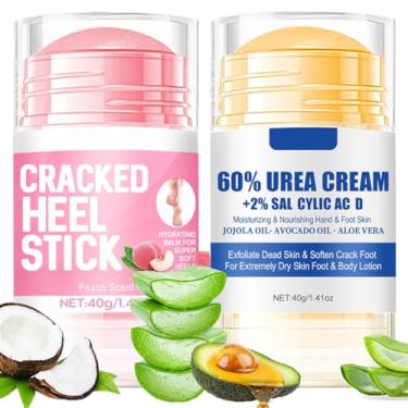 Imagem de Pakivs Conjunto de 2 peças com aroma de pêssego e 60% de ureia para os pés, bálsamo hidratante no calcanhar, reparo intensivo para pele seca e rachada, mãos, calcanhares, cotovelo e joelhos, suaviza e