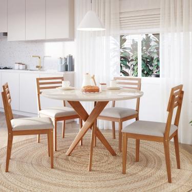 Imagem de Conjunto Sala de Jantar Cacau Redonda 109cm com Vidro e 4 Cadeiras Juparanã Off White/ Cinza