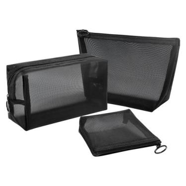 Imagem de Bolsa de maquiagem de malha Aosbos, organizador de viagem preto de 3 p