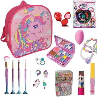 Imagem de Maquiagem Infantil Menina, Mochila Pink Unicórnio, Kit com Paleta de Sombras, Pincéis de Maquiagem Sereia, Gloss Labial e mais acessórios. Brinquedo Presente para Crianças Kit Beleza UP