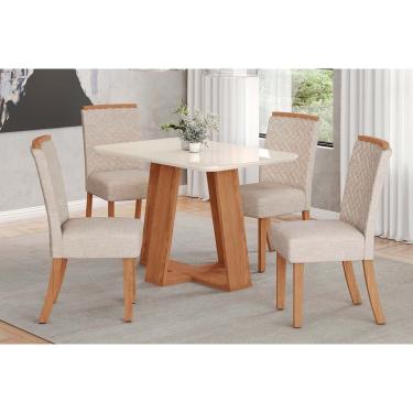 Imagem de Conjunto: Mesa Sala Jantar Lins c/ Tampo Madeirado c/ Vidro Curvo 120x80cm e 4 Cadeiras Malu Nature/Linho - Henn