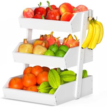 Imagem de Gmtsl Cesta de frutas de bambu para cozinha – Tigela de frutas de 3 camadas para balcão de cozinha, suporte grande de frutas com cabides de banana, ideia para armazenamento de vegetais, exibição de