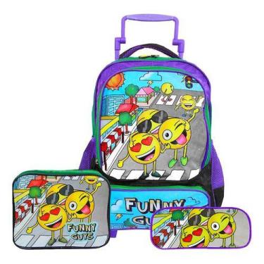 Imagem de Kit Mochila De Rodinha, Lancheira E Estojo Carrinho Menino Funny Guys 