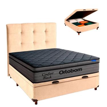 Imagem de Baú Perola + Cabeceira + Colchão Casal Confort Black Ortobom