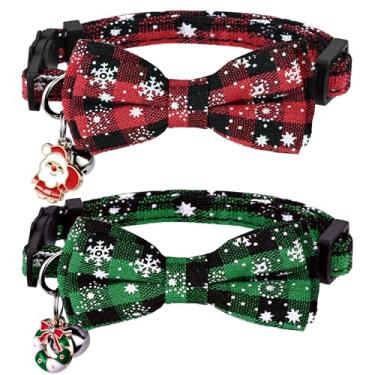 Imagem de G-ficu Pacote com 2 coleiras de Natal para gatos com lindo pingente de sino, xadrez vermelho e verde floco de neve, Papai Noel, para meninas, meninos, gatos, gatinhos, com fivela de segurança