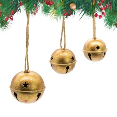 Imagem de Sinos de Natal vintage de latão dourado com corda de juta para decoração de Natal rústica, grinaldas, jardins, árvores, portas, janelas, salas de estar e decoração de casa rústica