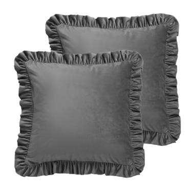Imagem de ISAENNE Conjunto de 2 capas de almofada quadradas cinza vintage, 56 x 56 cm, cor sólida, decoração de veludo, capa de almofada com babados, para sofá, cama, sala de estar, carro