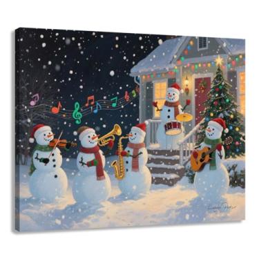 Imagem de Yelash Arte de parede em tela de Natal com boneco de neve musical, cena de férias de inverno com banda de bonecos de neve, decoração de casa festiva, 30 x 38 cm