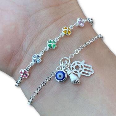 Imagem de Kit 2 Pulseira Feminina Trevo Pedra Zircônia Colorida e Patuá Amuleto 