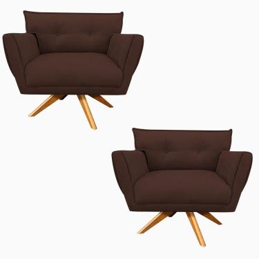 Imagem de Kit 02 Poltronas Giratória Anitta Suede Base Madeira Marrom