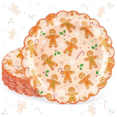 Imagem de FYSUIMU Pratos de papel de Natal, pratos de festa, Natal, homem de gengibre, prato de jantar descartável, para inverno, férias, aniversário, chá de bebê, suprimentos de mesa, 40 peças