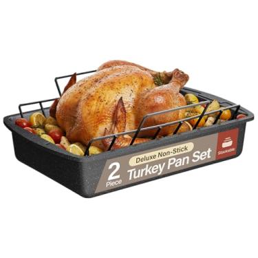 Imagem de Assadeira antiaderente de peru BAKKEN com rack – Torrador grande de aço carbono resistente com alças largas, ideal para assar, assar e grelhar, seguro para forno até 232 °C, acabamento em mármore