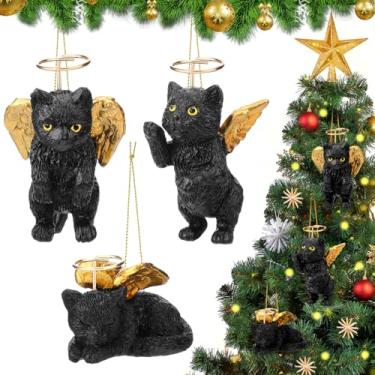 Imagem de Soulchen 3 peças de enfeite de anjo de gato preto com asas douradas estatuetas de resina 5 cm enfeites de pendurar para árvore de Natal para animais de estimação, presente memorial de lembrança