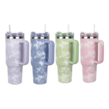 Imagem de Copo Térmico Marmorizado Inox Garrafa Com Alça Canudo CORES SORTIDAS -