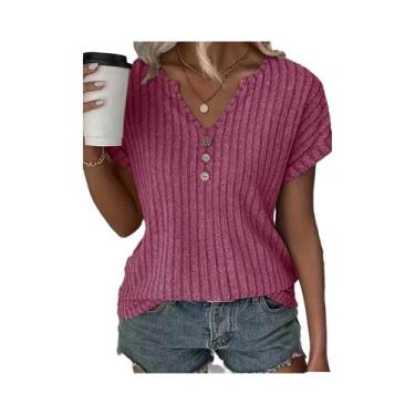 Imagem de Camiseta Feminina Canelada com Decote V - Botão Decorado - Tamanhos S-