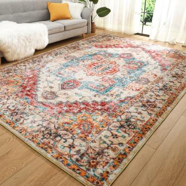 Imagem de Comeet Tapete de área lavável vintage – Tapetes macios de pelo baixo para sala de estar, quarto, antiderrapante, antiderrapante, sem queda, tapete de chão para sala de jantar, escritório, decoração de casa, laranja