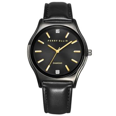 Imagem de Perry Ellis Relógio masculino Slim Diamond – mostrador preto, pulseira de couro metálico, analógico resistente à água
