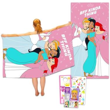 Imagem de Disney Conjunto de toalhas de praia princesa - Pacote de toalha de microfibra de 102 x 182 cm de adesivos Ariel, Cinderela, Jasmine Plus, mais | Kit de piscina para crianças e adultos