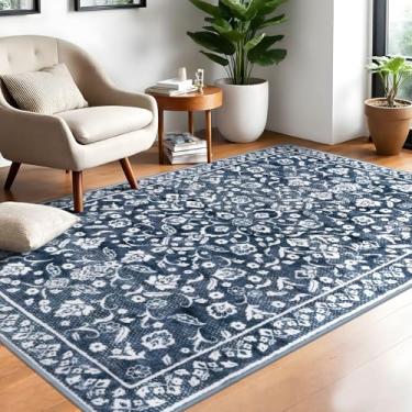 Imagem de SILOLOOM Tapete vintage 10 x 15 cm, tapete de entrada azul-marinho antiderrapante, lavável para sala de estar, tapete fino impresso de lã sintética, tapete super macio para quarto, sala de jantar