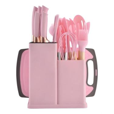 Imagem de Kit 19 Peças Utensilios Cozinha Silicone Com Facas Antiaderente Cabo De Madeira Tratada Kit Com Colher Concha Espatula Pegador Tesoura Tabua - Jogo Completo Premium (Rosa/Rosê).