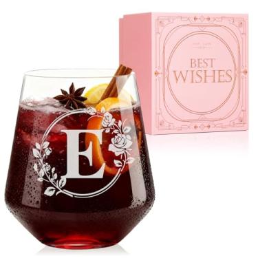 Imagem de Taça de vinho personalizada sem haste – Copos iniciais monogramas gravados personalizados, chá de panela, aniversário, casamento ou presente de noivado para mulheres Her-E