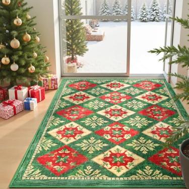 Imagem de HOMORE Tapete de entrada vermelho 7 x 12 cm, estampa xadrez de Natal, lavável, antiderrapante, tapete macio para cozinha, sala de estar, sala de jantar, quarto, tapete geométrico marroquino